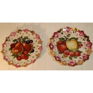 2 PC Vtg Farmhouse Cottage Wall Plate Lattice Strawberry Apple Gold Trim Artmark